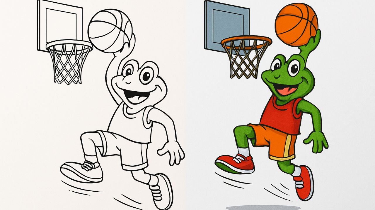 Frog Playing Basketball Coloring Pages for Kids